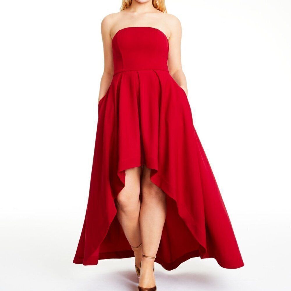 Speechless Red Pocketed Sleeveless Strapless Maxi Formal Hi-Lo Dress